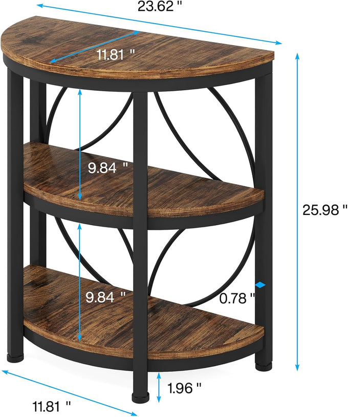 Tribesigns Half Round End Table for Living Room, 3-Tier Half Circle Side Table with Metal Frame, Industrial Half Moon Table, Half Coffee Accent Table Bedside Table for Bedroom, Brown