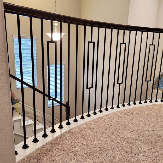 Contemporary Rectangle Stair Wrought Iron Balusters (Contractor 10-Pack) Modern Hollow Metal Railing Spindles (Real Satin Black not Matte)