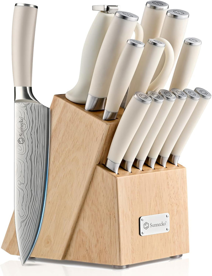 Sunnecko 15-Piece Kitchen Knife Set with Block and Sharpener, White Handle