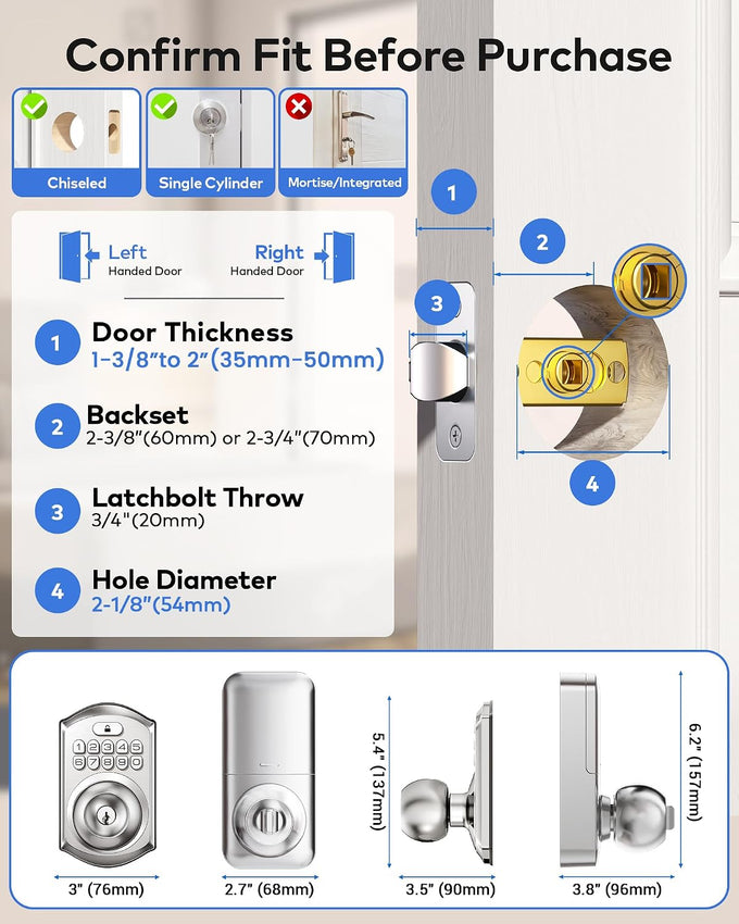TEEHO TE018 Smart Keypad Door Lock with Handle, App Control, Satin Nickle