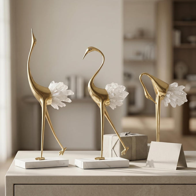 suruim Elegant Gold Crane Bird Statues with Crystal Tail Accents, Decorative Brass Figurines for Home Decor (White B)