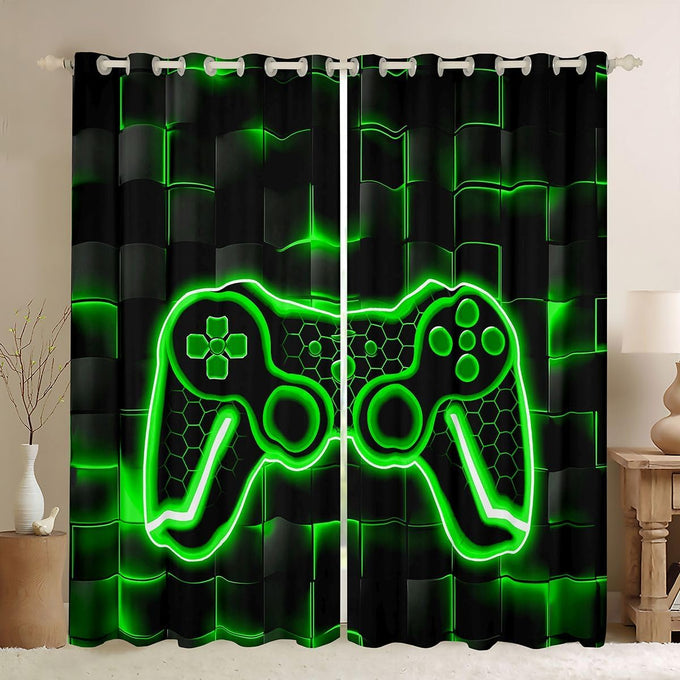 Feelyou Kids Gamer Curtains for Bedroom Living Room (2 Panels, 52 x 96 Inch) Green and Black Darkening Drapes for Boys Gaming Ombre Blackout Curtains Geometric Square Window Treatments