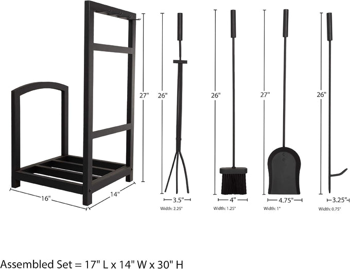 Lavish Home Fireplace Tool Set and Log Rack, Matte Black, 5-Piece-Set