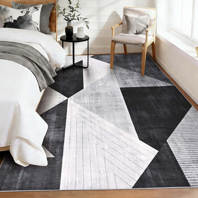 Yinhua Modern Geometric Area Rugs 5x7 Grey Black Rugs for Living Room Washable Rug Non Slip Low Pile, Large Soft Bedroom Rug Non Shedding, Modern Simplicity Carpet for Home Office, Dining Room