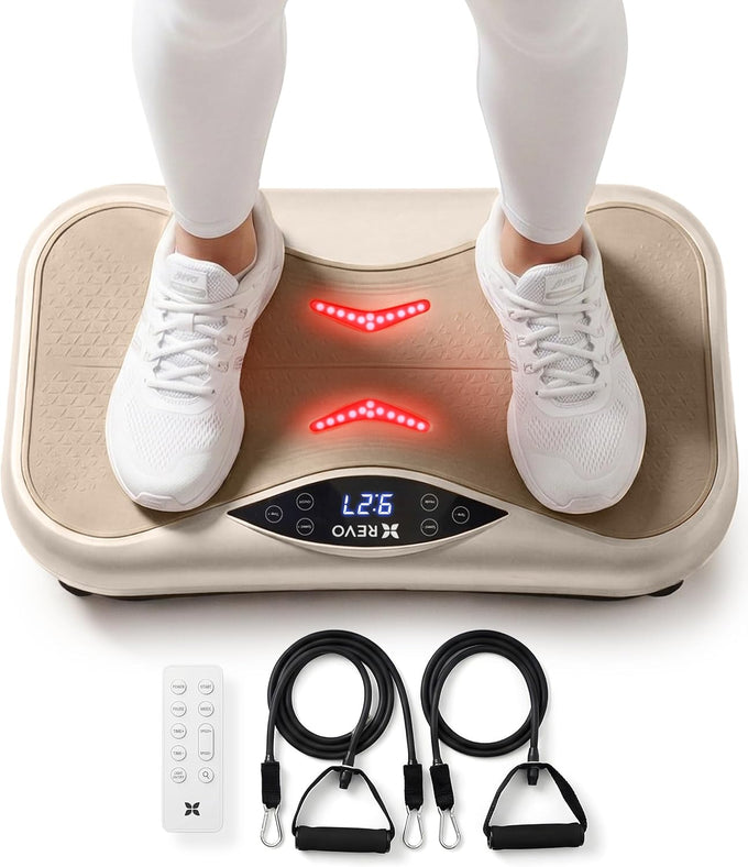 REVO Vibration Plate with Red Light Therapy | Lymphatic Drainage with Bluetooth Speakers, Resistance Bands, Remote | Exercise Machine for Full Body Workout Platform | 330 Lbs Capacity