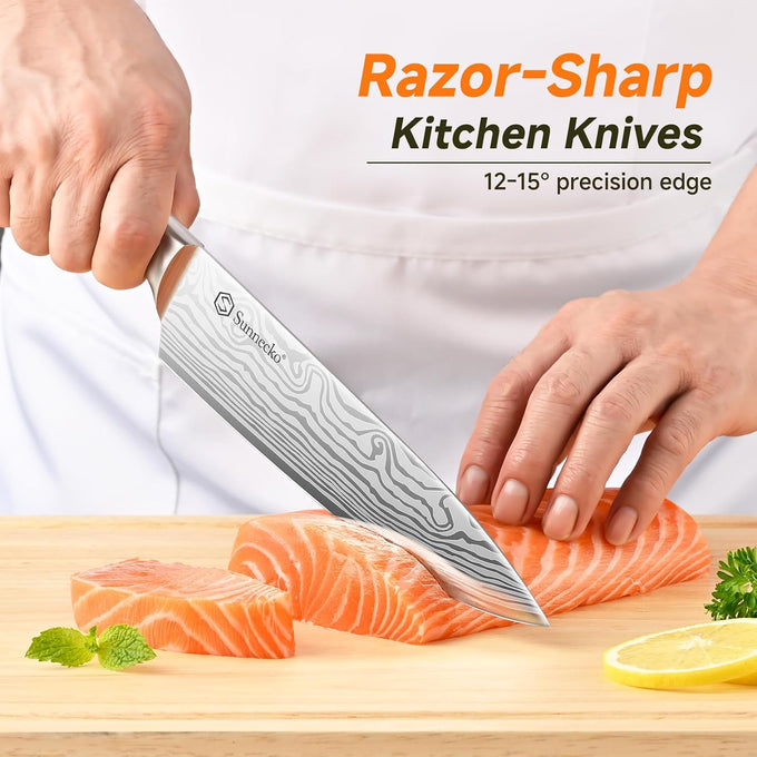 Sunnecko 15-Piece Kitchen Knife Set with Block and Sharpener, White Handle