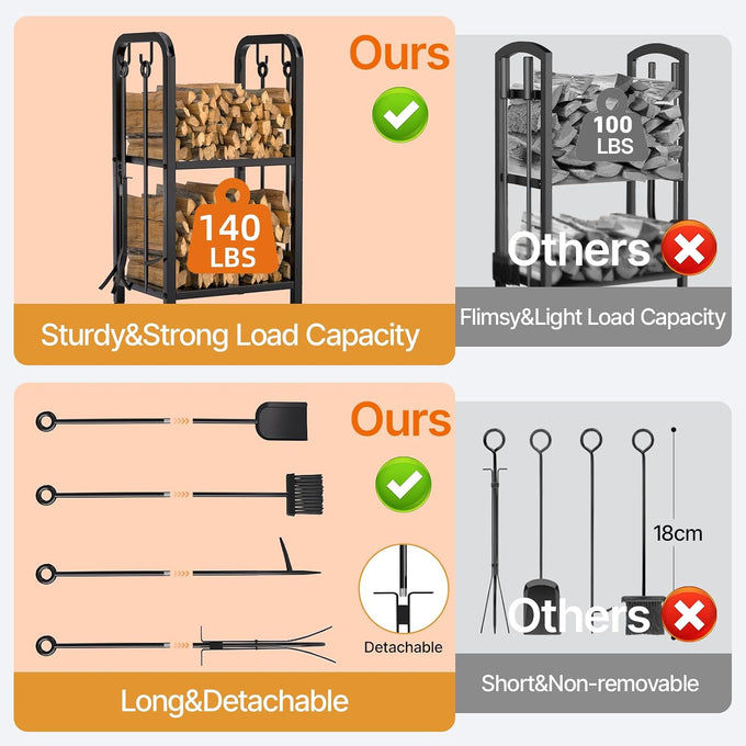 Vailge Firewood Rack Indoor with 4 Pieces Long&Detachable Fireplace Tools, Heavy Duty Steel 2-Tier Firewood Holder Storage, Log Rack for for Fireplace, Fire Pit, Wood Stove Black