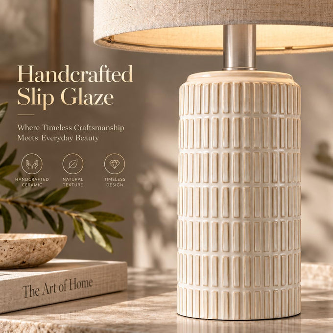 PoKat 23" Modern Ceramic Table Lamp Set of 2 for Living Room Bedroom, White