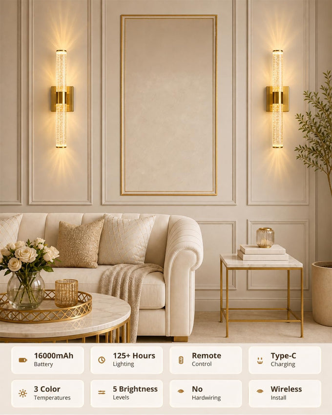 Battery Operated Wall Sconces Set of Two, Dimmable Wall Lights