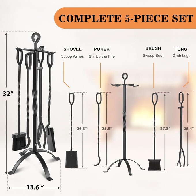 Gtongoko 32" Fireplace Tools Set, 5-Piece Solid Wrought Iron with Stand