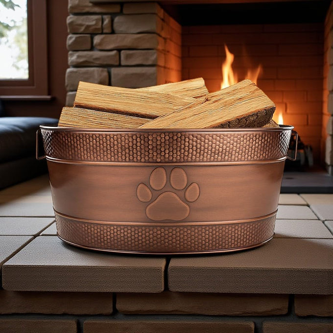 BREKX 25-Quart Tub for Firewood Storage Rack Log Holder - Heavy-Duty Portable Galvanized Tub with Handles for Indoor/Outdoor (Bronze Paw)