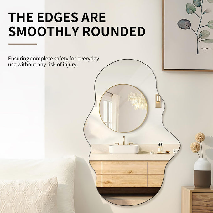 BST FURNH Cloud Shaped Wall Mirror 33.5x20.5 Inch - Large Irregular Asymmetrical Mirror for Living Room Bedroom Bathroom Entryway, Frameless Decorative Wall Mounted Mirror, White