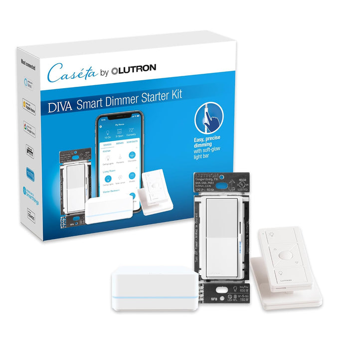 Lutron Caseta Diva Smart Dimmer Starter Kit; Dimmer, Hub, Remote, & More