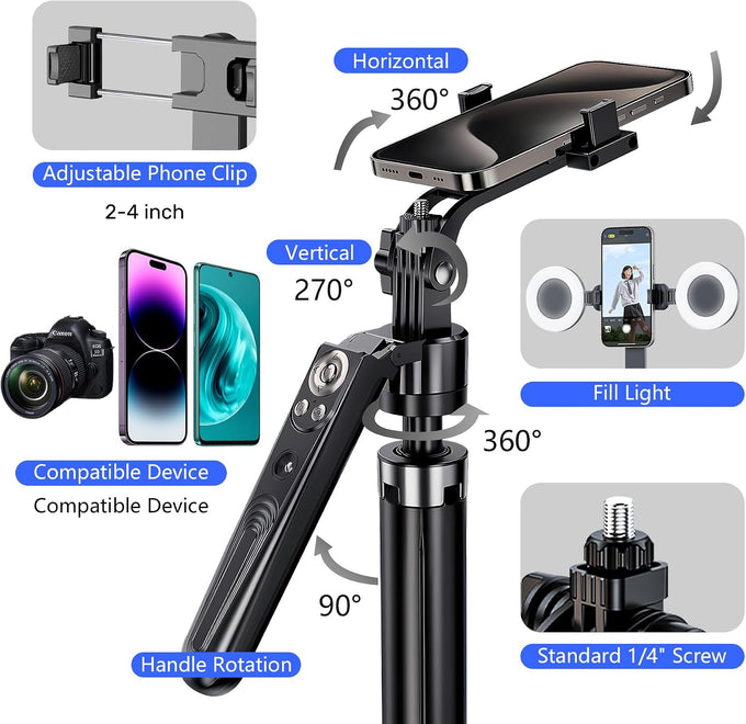 Auto Face Tracking Tripod for iPhone with Light, No APP Needed 70.9" Tripod