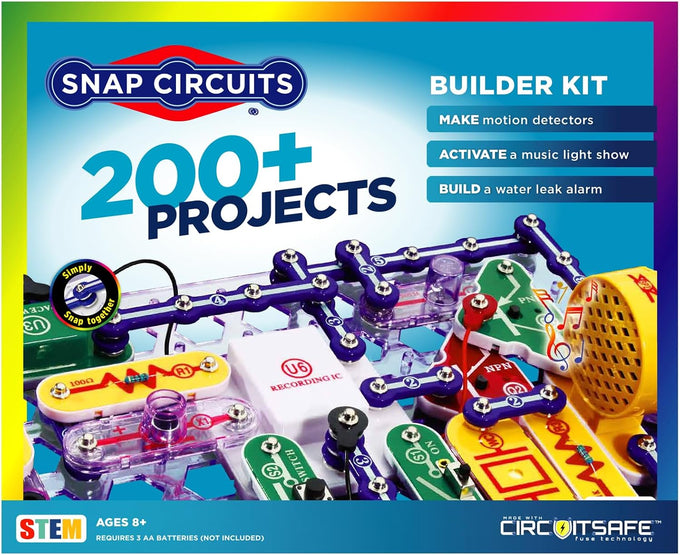 SNAP CIRCUITS 203 STEM Electronics Kit for ages 8 and up, featuring over 200 engaging projects to explore electrical engineering basics with 40+ snap-together components.