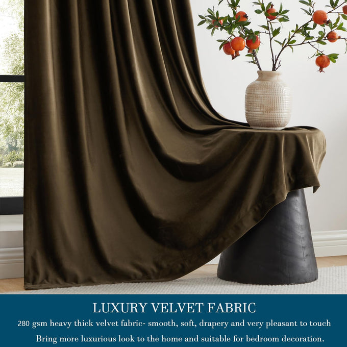 PRIMROSE Brown Velvet Curtains 108 inch Long for Living Room,Set of 2 Panels Blackout Rod Pocket Back Tab Window Treatment Room Darkening Heavy Decorative Curtains Drapes for Bedroom