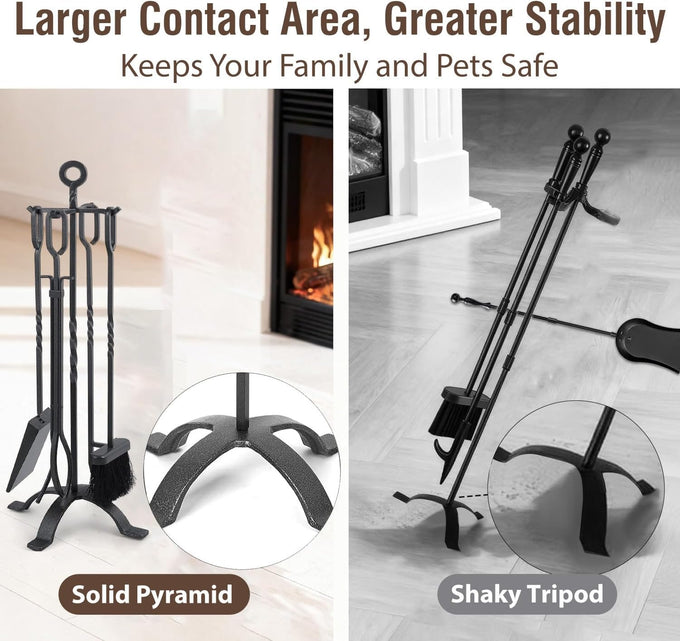 Amagabeli 5 Pieces Fireplace Tools Sets Wrought Iron Indoor Fireplace Set with Poker Tongs Broom Shovel Stand Fire Tools Outdoor Rustic Fire Poker Set Fire Place Hearth Accessories Sets Antique Pewter