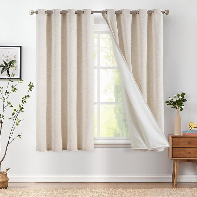 jinchan Lined Linen Curtain 84 Inch Light Filtering Grommet 1 Panel Beige