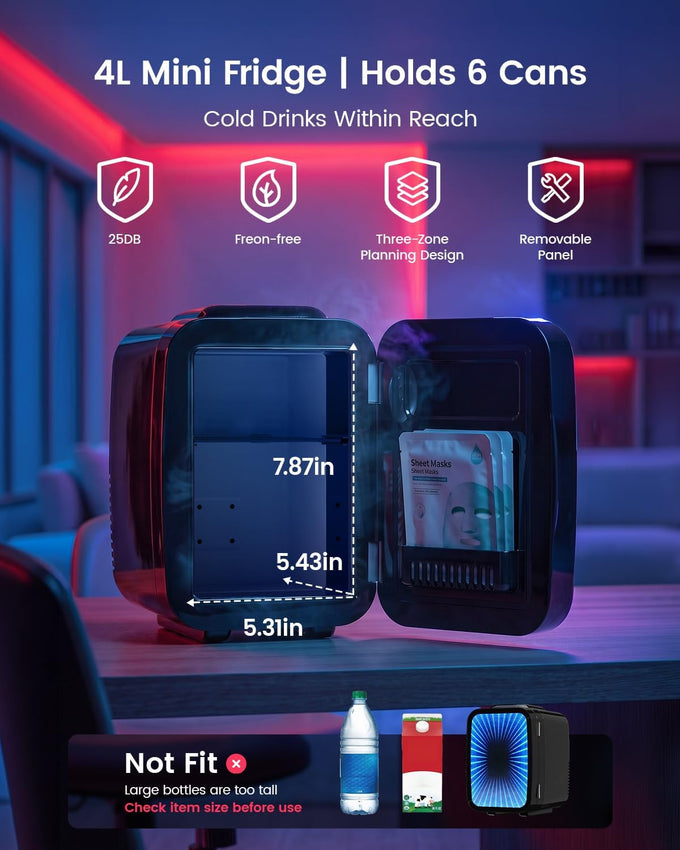 Mini Fridge, 4L/6 Can Compact Fridge with 6 Color Dimmable LED Mirror Light