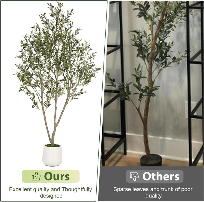 VIVATREES Olive Trees Artificial Indoor, 7FT Tall Faux Olive Tree with White Tall Planter, Artificial Plants with Natural Wood Trunk and Lifelike Fruits for Home Office Decor