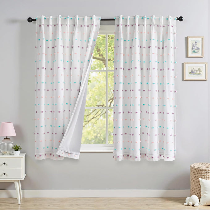 MYSKY HOME Blackout Curtains White Pom Pom for Kids Bedroom 54 Inch Pack-2