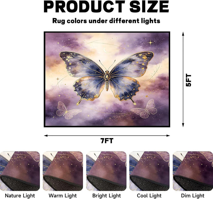 Purple Gold Celestial Butterfly 5'x7' Area Rugs for Living Room Mat