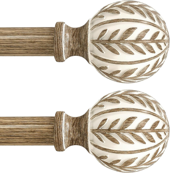 QDWIS 2 Pack Boho Wood Curtain Rods for Windows 48 to 84 inch,1" Adjustable Heavy Duty Window Curtain Rod with Imitation Wood Grain Finials,Rustic Decorative Drapery Rods Set 36-88'',Weathered Wood