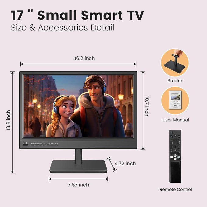 Jexiop 17inch Smart TV,Full HD 1080p LED Flat Screen with ATSC TV,with Built-in HDMI/USB-Suitable for Kitchen Kid's Room Basement or RV Camper