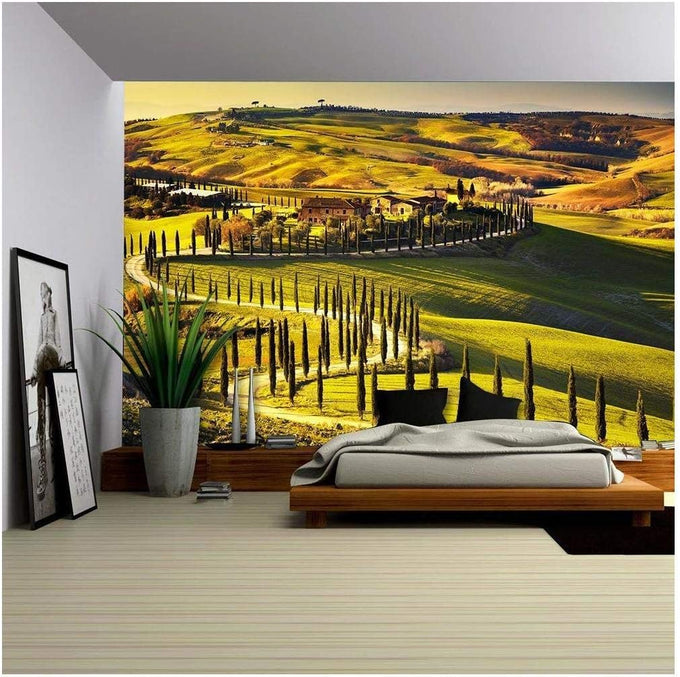 wall26 - Tuscany, Rural Sunset Landscape. Countryside Farm, Cypresses Trees, Green Field - Removable Wall Mural | Self-Adhesive Large Wallpaper - 66x96 inches