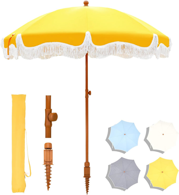 7ft Patio Beach Umbrella with Fringe, Outdoor Umbrella for Poolside, Yellow
