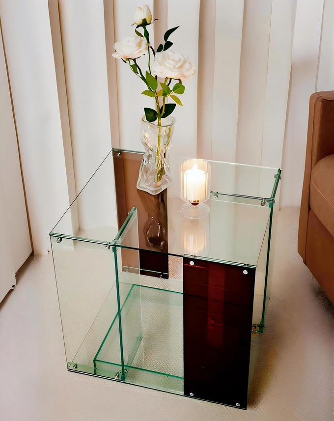 Acrylic End Table Square: 2-Tier Nightstand Desk Clear Green Brown
