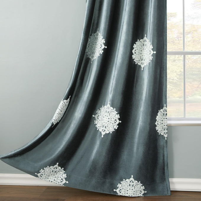 VOGOL 2 Panels Bedroom Curtains, White Flower Embroidery Room Darkening Solid Window Treatment for Living Room (Grommet Top, Grey, 52x84 Inches)