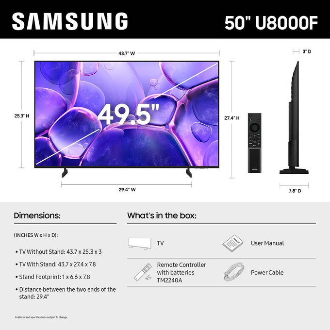 Samsung 50-Inch Class Crystal UHD U8000F 4K Smart TV (2025 Model) Endless Free Content, Processor, MetalStream Design, Knox Security, Alexa Built-in