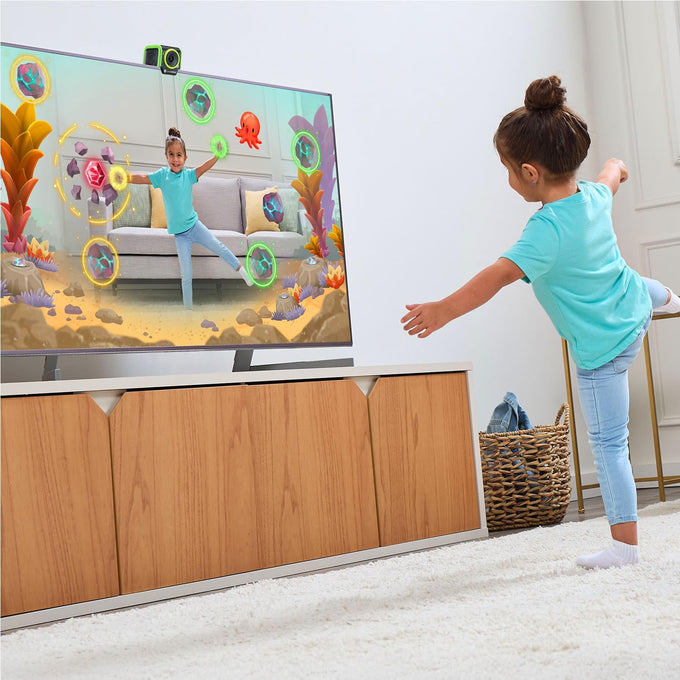 LeapFrog LeapMove Active Learning Video Game System for children aged 4-7 years. This interactive system features 25 preloaded games and adventures, exploring math, spelling, and phonics through movement across three learning levels.