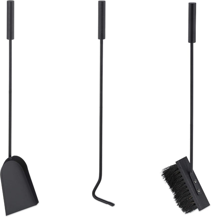 Relaxdays 4-Piece Fireplace Companion Tool Set Shovel, Brush, Poker & Holder, Modern Design, Black, 80% Steel Wood 10% Plastic, 60 x 18.5 x 16.5 cm