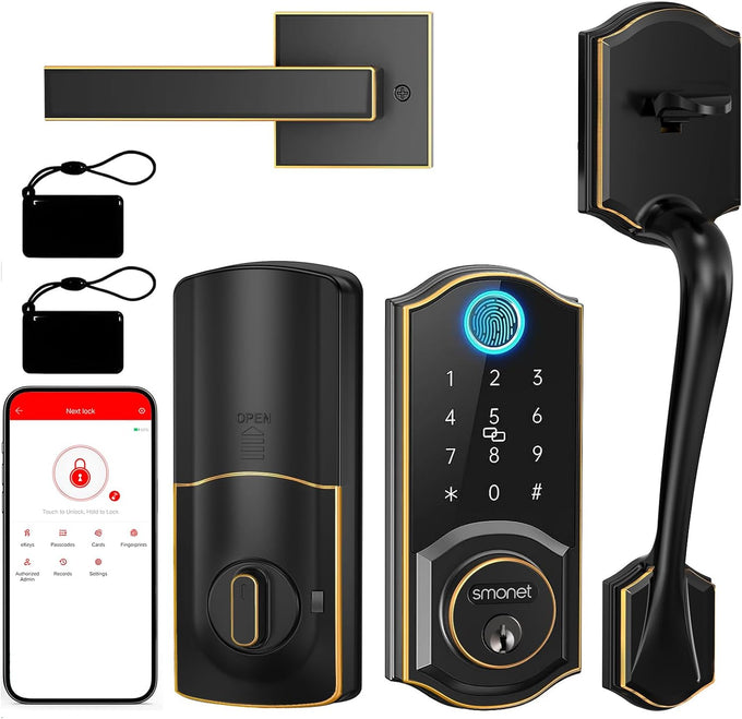 Smart Lock Front Door, SMONET Keyless Entry Door Lock with Handle, Smart Front Door Lock Set Fingerprint Smart Deadbolt Bluetooth Electronic Digital Keypad Lock, Auto Lock Work with Alexa, Black