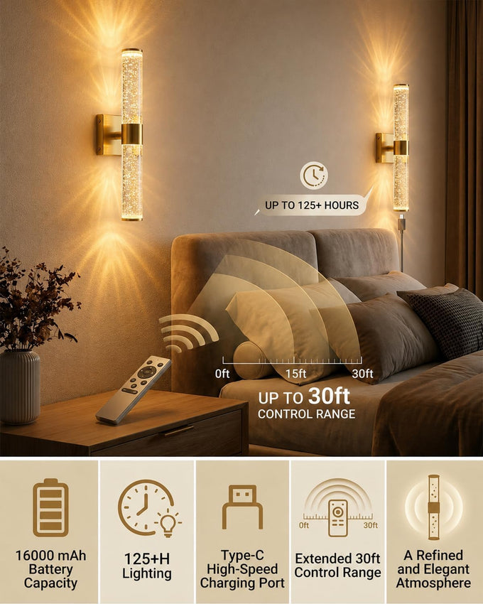 Battery Operated Wall Sconces Set of Two, Dimmable Wall Lights