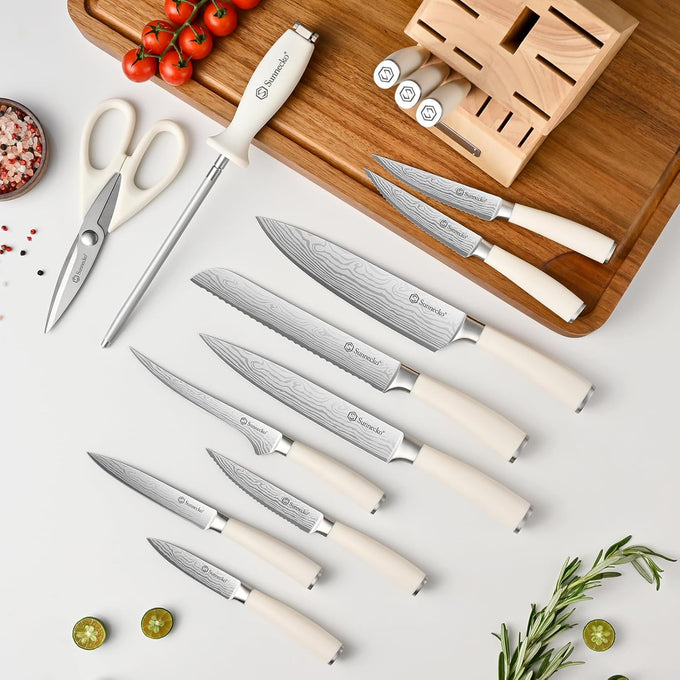 Sunnecko 15-Piece Kitchen Knife Set with Block and Sharpener, White Handle