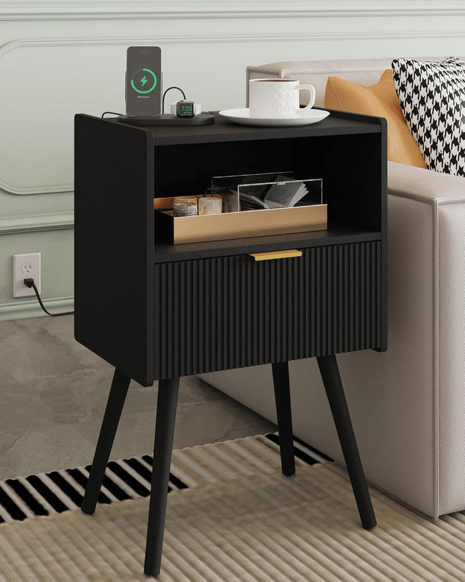 Veegle Nightstand,Modern Bedside Table with Storage Drawer and Open Wood Shelf, Accent Night Stand with Solid Wood Legs for Living Room, Bedroom and Small Spaces,Easy Assembly (Pink-1)