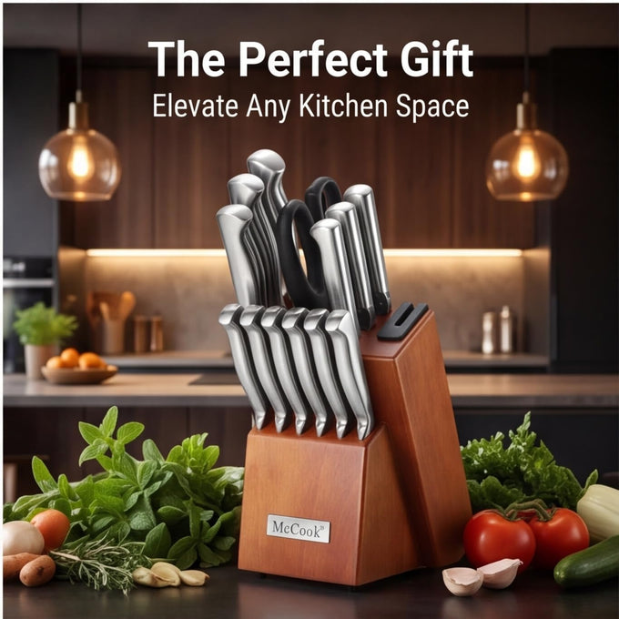 McCook Kitchen Knife Set 15PC Knife Block Set w Built-in Sharpener