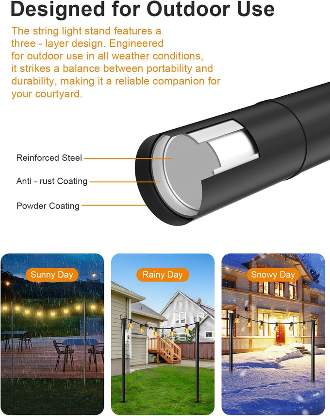 4 Pack String Light Poles for Outside, Adjustable Metal Patio Light Poles