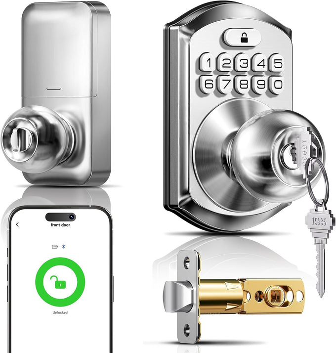 TEEHO TE018 Smart Keypad Door Lock with Handle, App Control, Satin Nickle