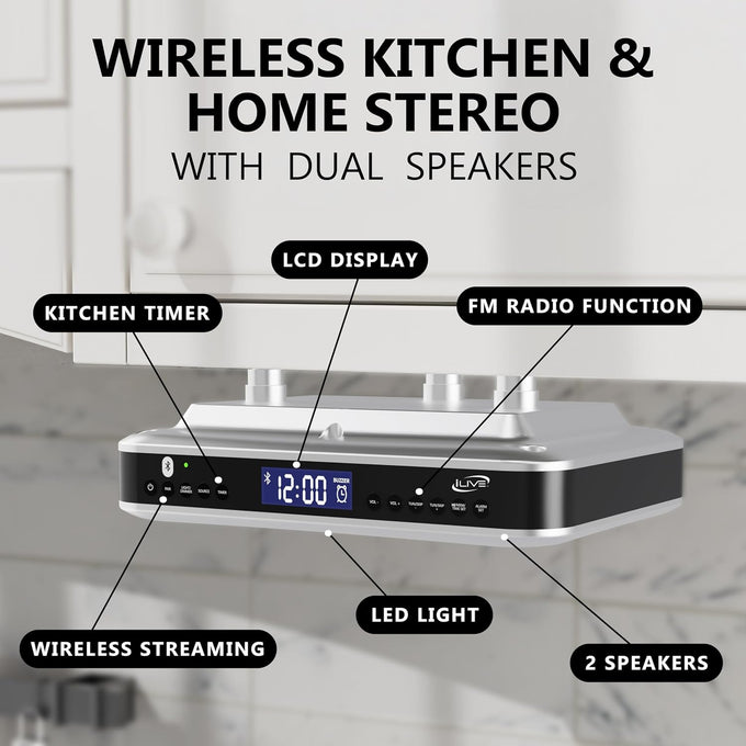 iLive Bluetooth Under Cabinet Radio with Clock, Timer & LED Kitchen Light