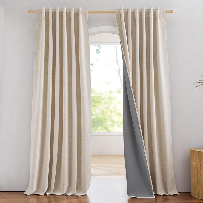 NICETOWN 100% Blackout Linen Curtains 108" Length 2 Panels, Greyish White