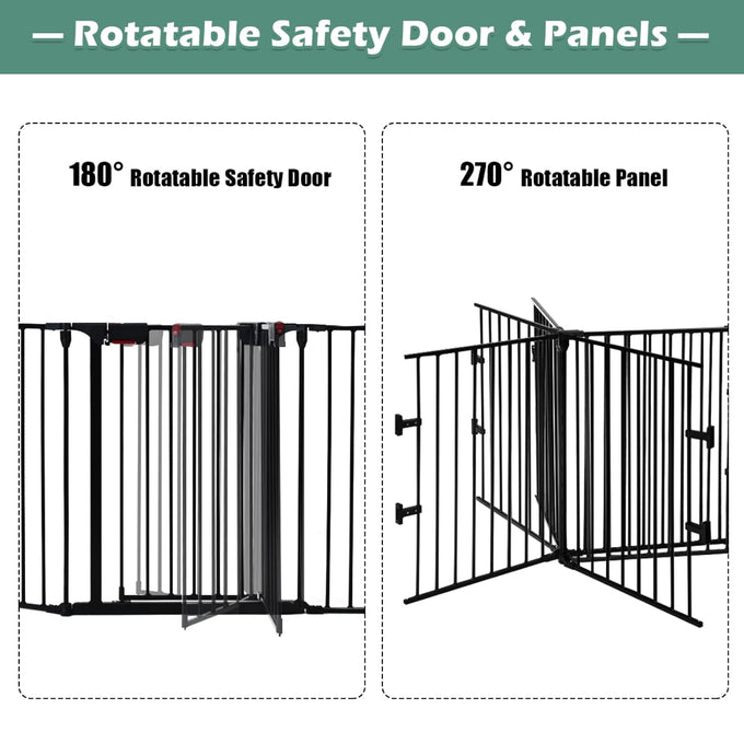 Costzon Baby Safety Gate, 121 Inch Length 5 Panel Adjustable Wide Fireplace Fence, BBQ Metal Fire Screen Gate, Pet Isolation Fence with Walk-Through Door, Freestanding Pets Gate