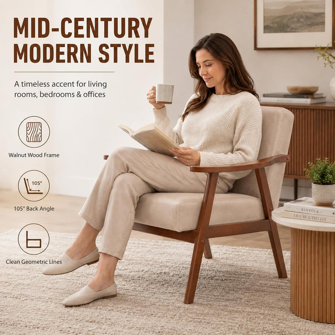 Anwick Mid-Century Accent Chair,Modern Living Room Chairs with Solid Wood Frame,Comfy Velvet Armchair Lounge Reading Chairs for Bedroom Office Small Spaces (Beige)