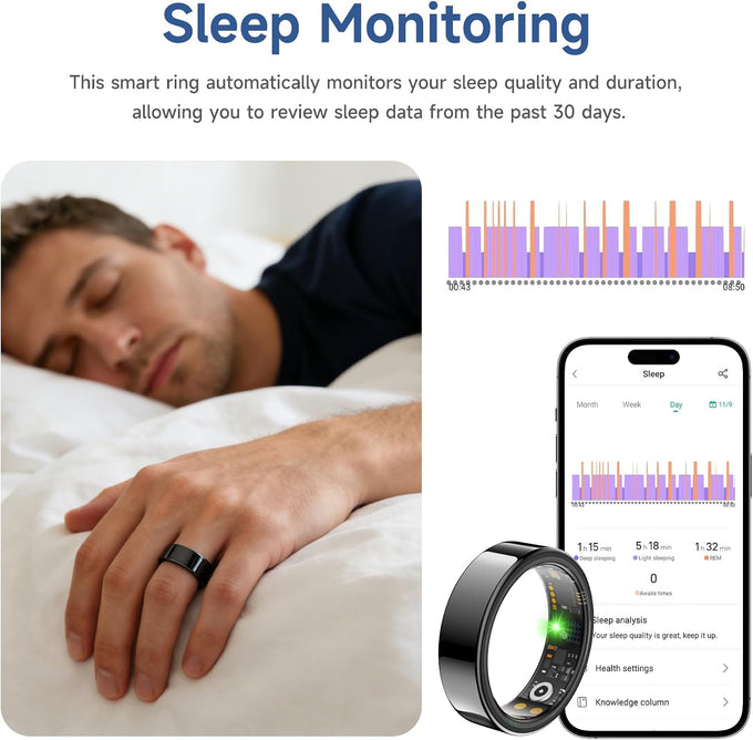 Smart Ring for Women Men, Health Tracker, Fitness Ring (Black, 9#)