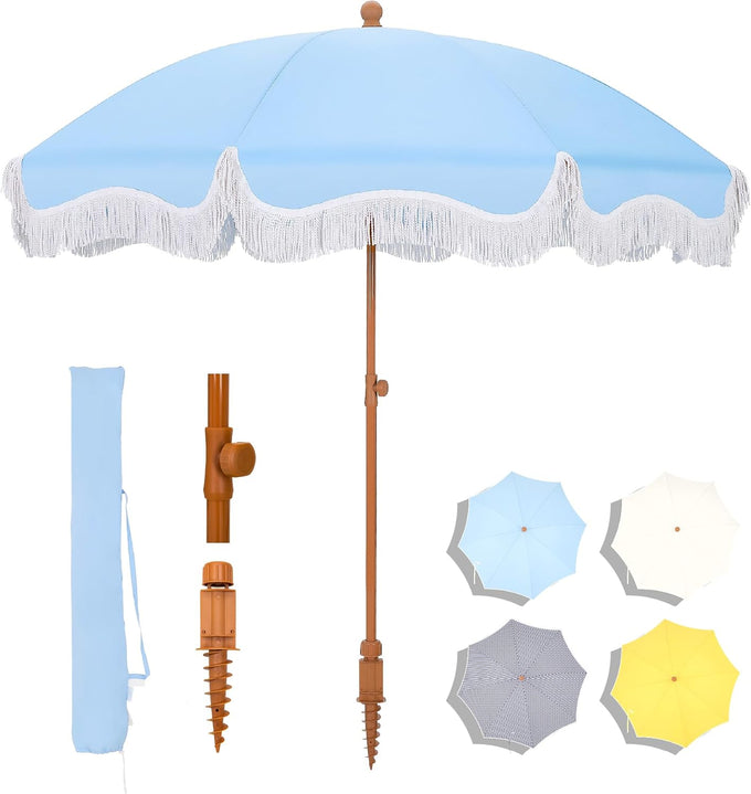 7ft Patio Beach Umbrella with Fringe, Outdoor Umbrella for Poolside, Yellow