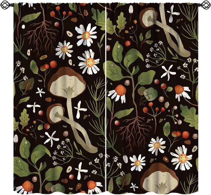Vintage Botanical Curtains,Antique 1900s Plants Herbs Mushroom Blackout Window Drapes for Kitchen,Boho Retro Wildflower Green Leaf Ferns Farmhouse Window Treatment for Living Room 52x84in