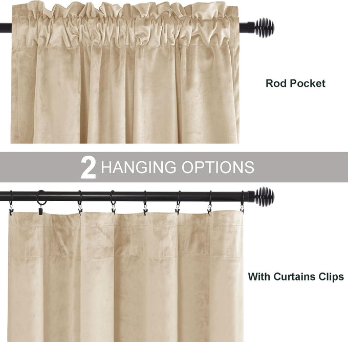 JIUZHEN Beige Velvet Blackout Curtains 52W x 120L 2 Panels with Tiebacks